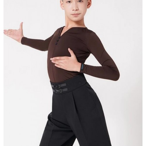 Boys kids coffee black color ballroom latin dance shirts v neck long sleeves junior school competition tango waltz tap dance tops for kids